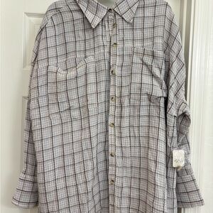Free People Beige and Gray Plaid Shirt